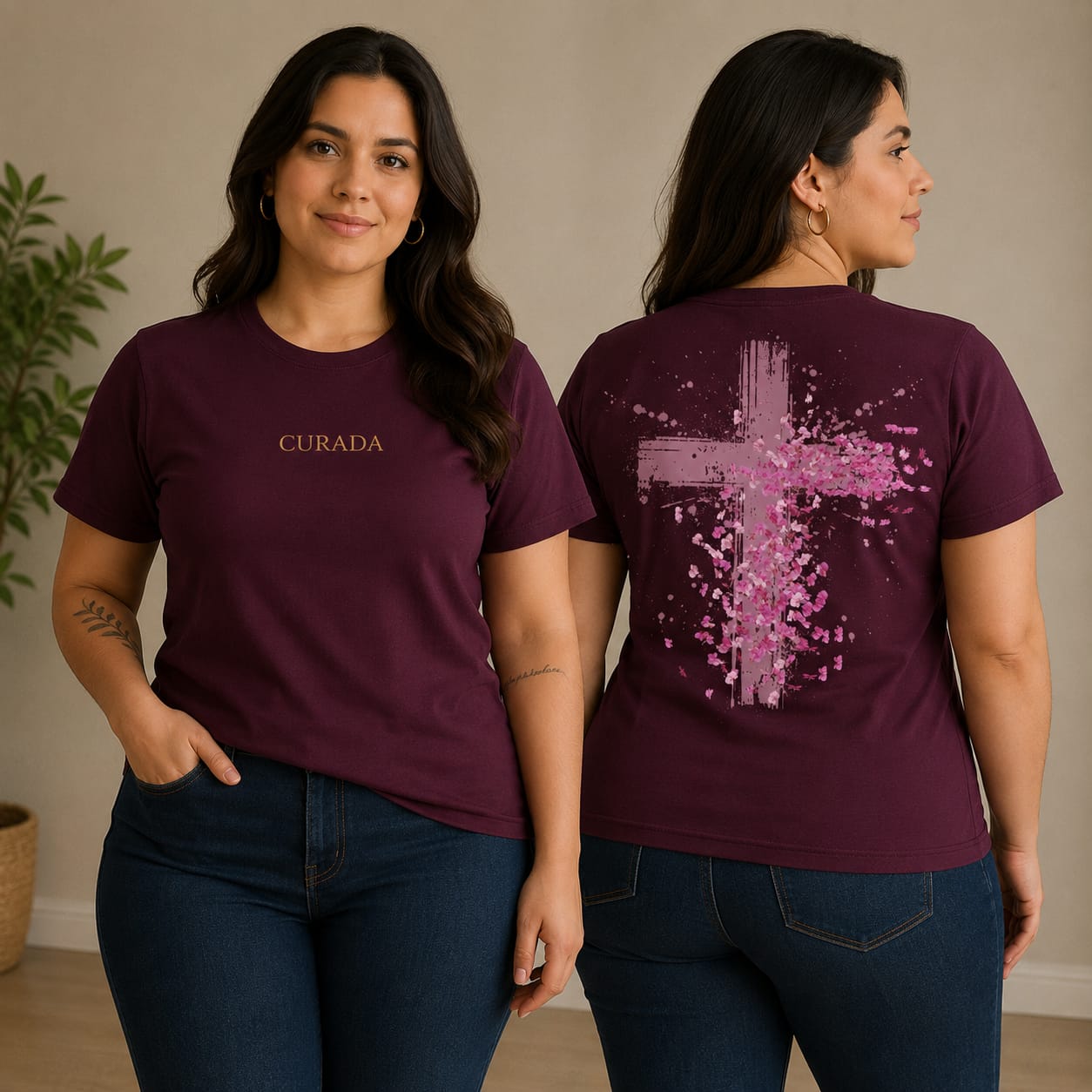 Camiseta exclusiva Curadas para Curar — bordô com cruz e pétalas rosa nas costas